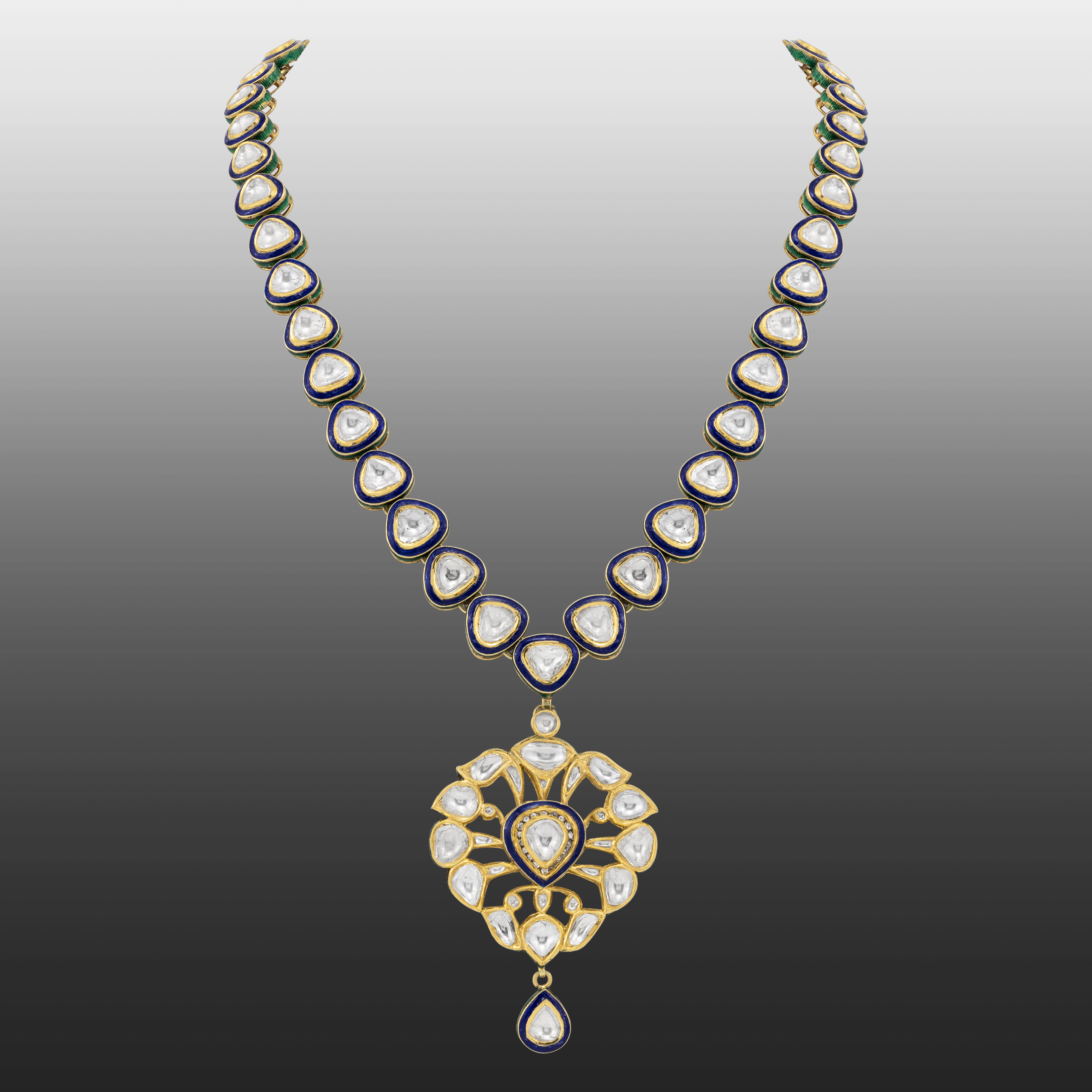 Polki Diamond Necklace with Blue Enamel and Pendant